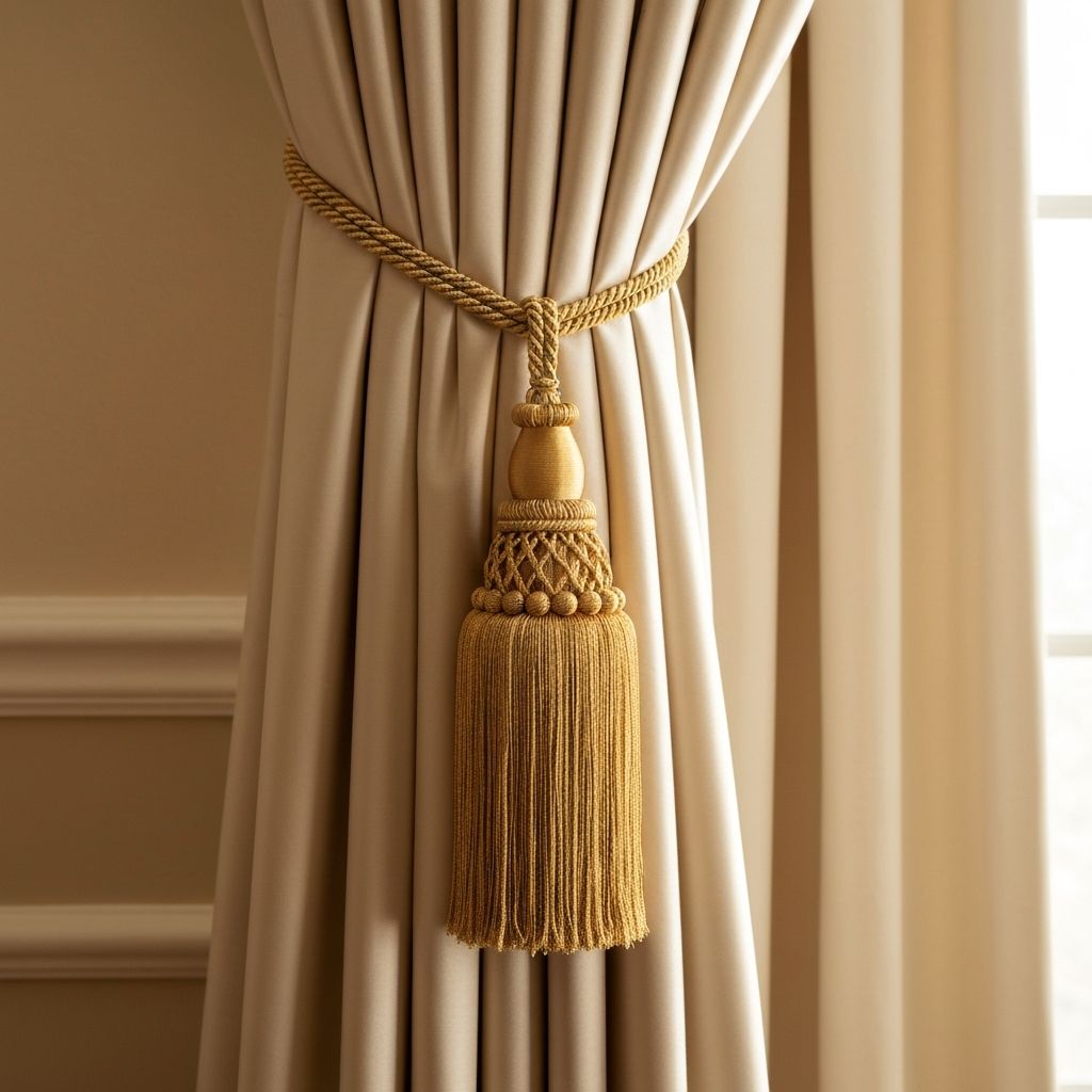 تفاصيل شراشيب وأطواق ذهبية لستائر أمريكي