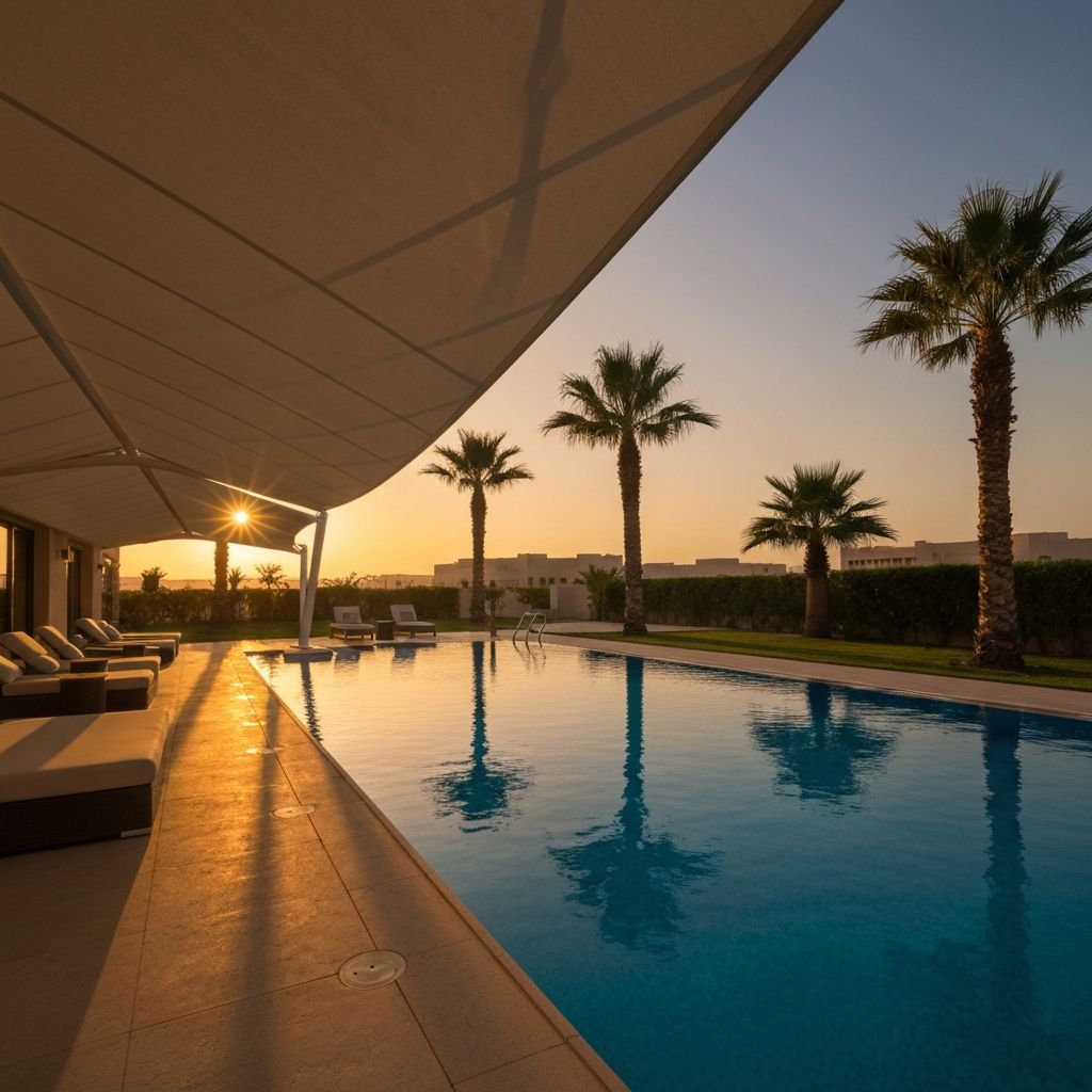 مظلة مسبح فاخرة في حديقة فيلا بالرياض