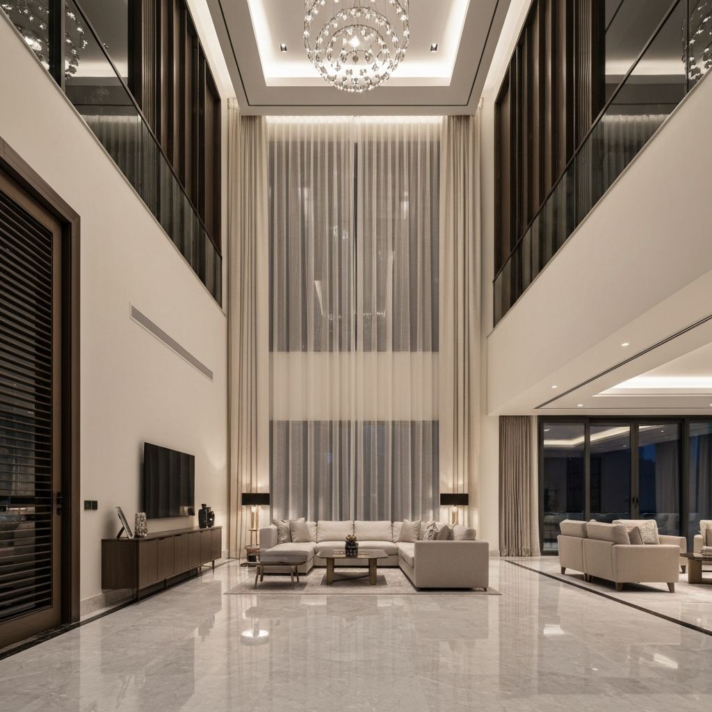 ستائر كهربائية لنوافذ مزدوجة الارتفاع في فيلا