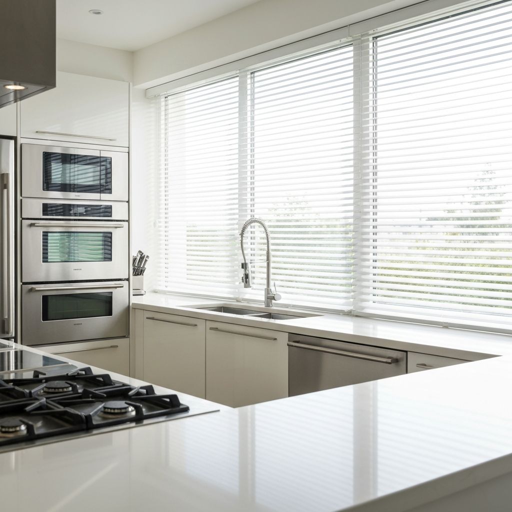 ستائر ألمنيوم بيضاء لمطبخ منزلي عصري