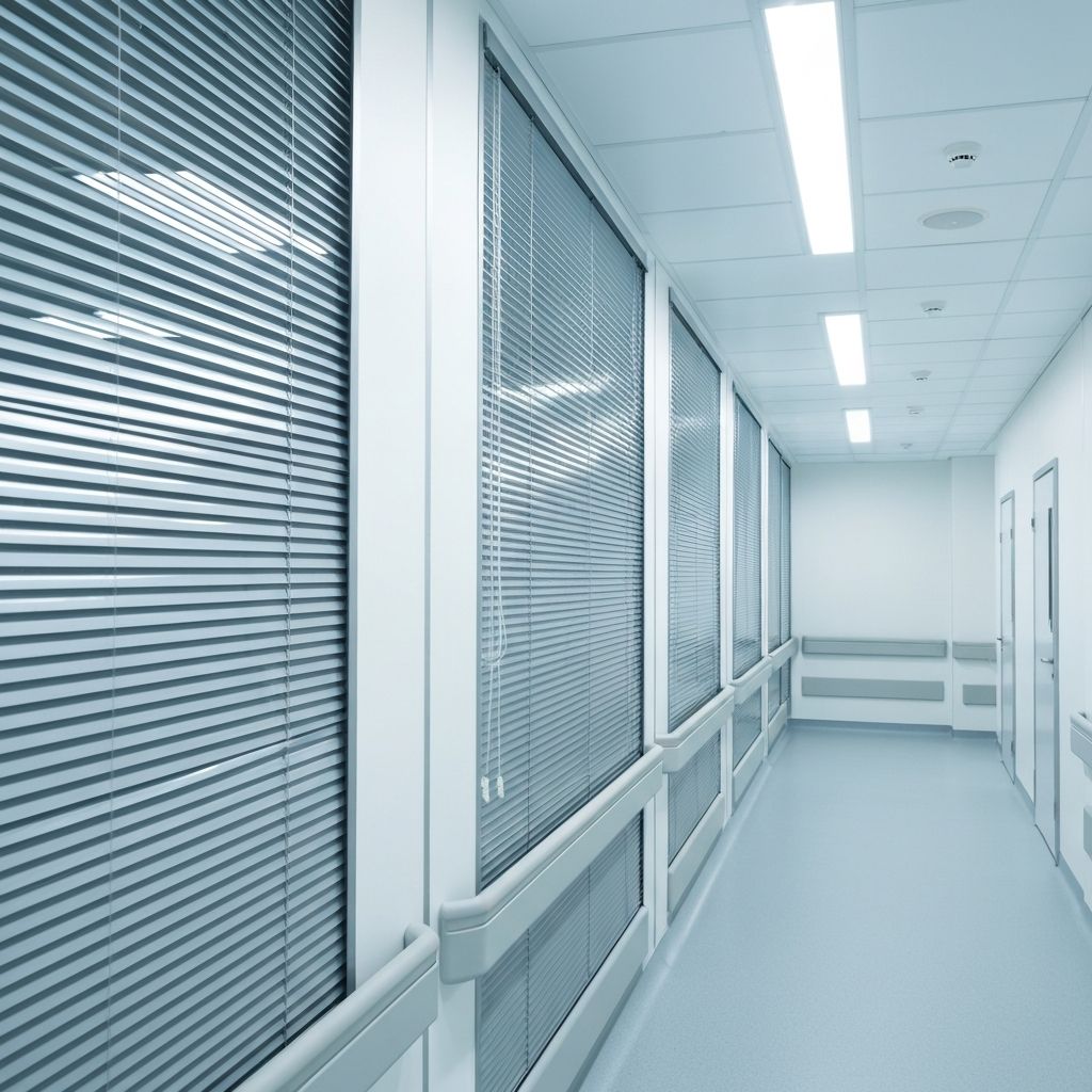 ستائر معدنية رمادية فاتحة لممر مستشفى نظيف