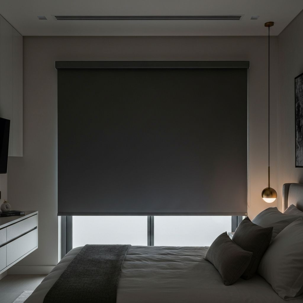 ستارة رول بلاك آوت رمادية لغرفة نوم عصرية