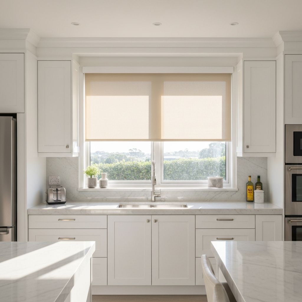 ستائر رول صنسكرين بيج لمطبخ منزلي مشرق