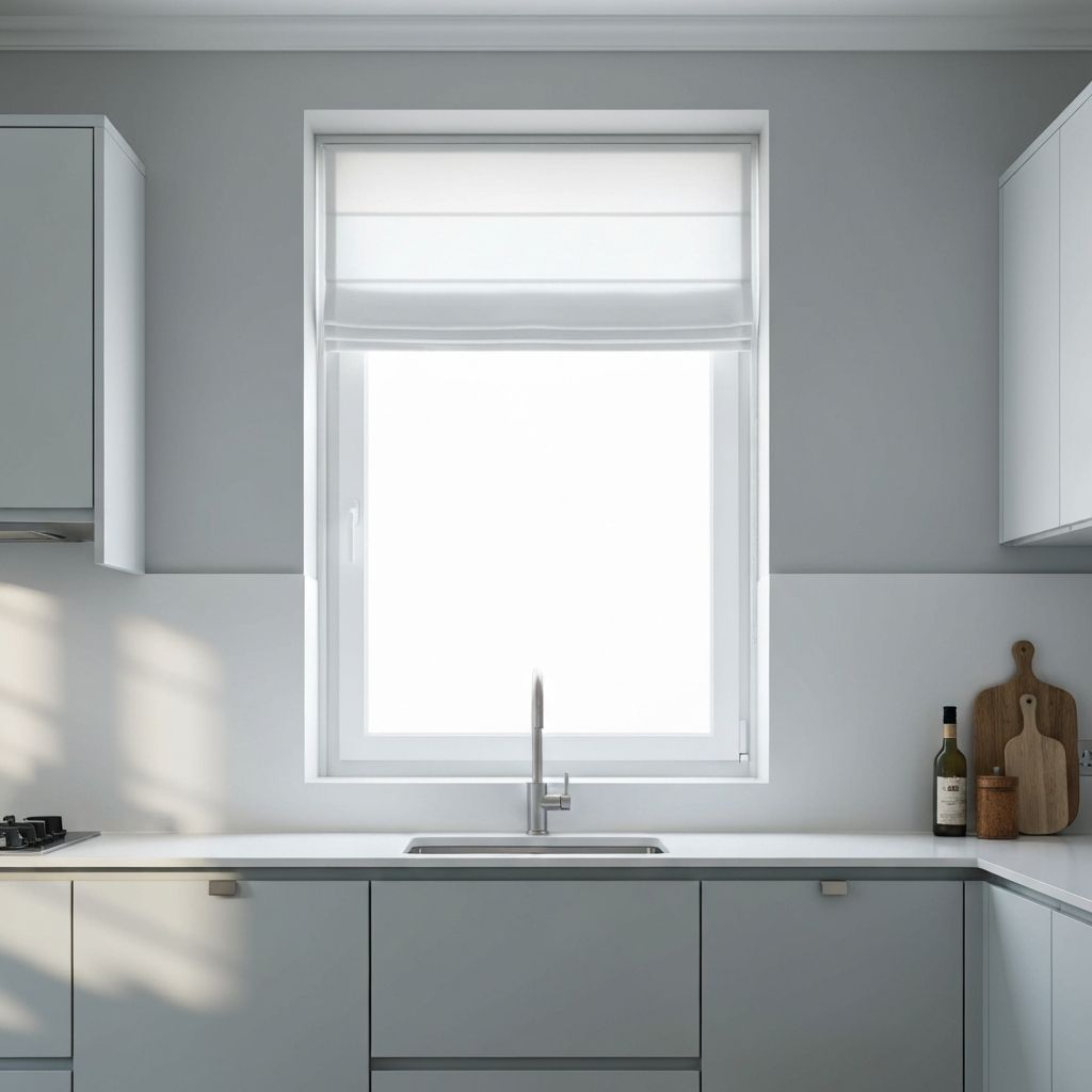 ستائر روماني بيضاء لشباك مطبخ عصري