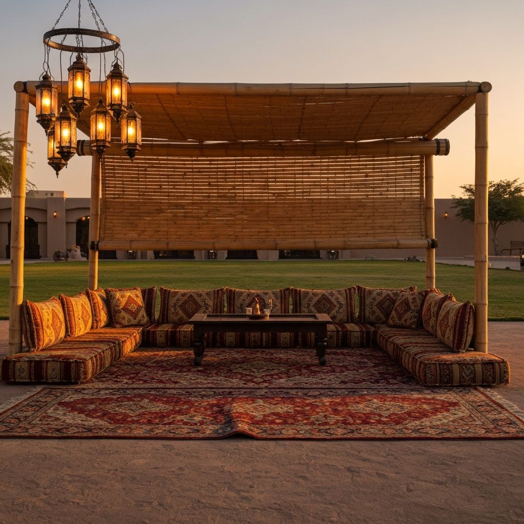 شيش حصيرة لاستراحة عربية تقليدية بإضاءة مسائية
