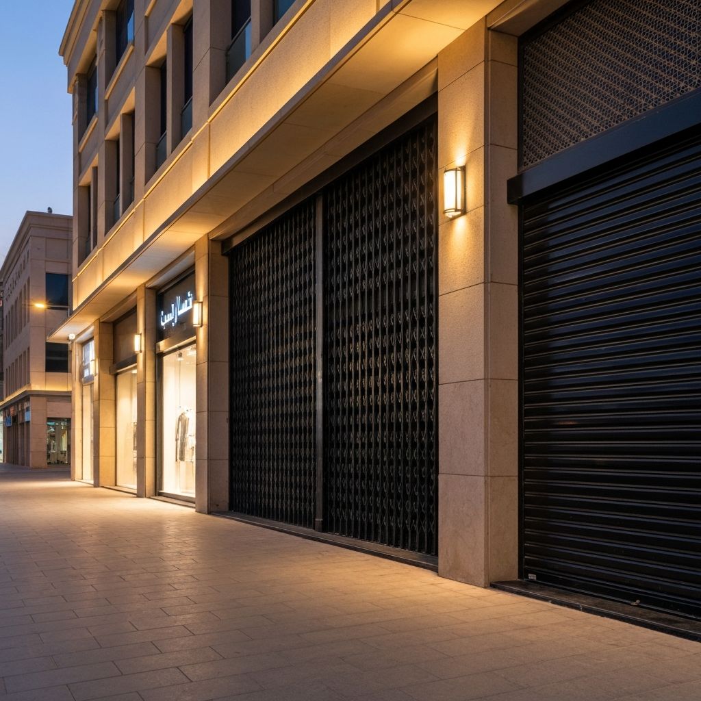 شتر أمان أسود مغلق لمحل تجاري في شارع تسوق