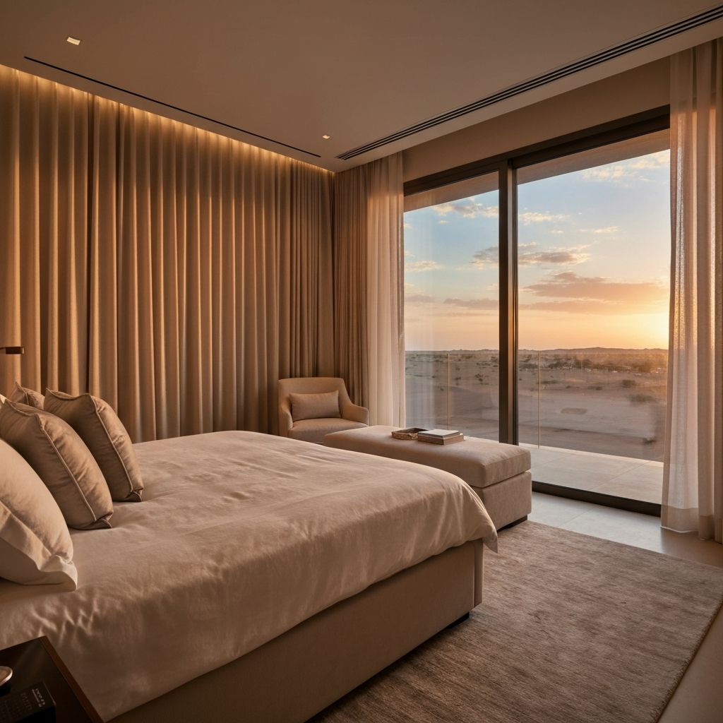 ستائر سومفى لغرفة نوم رئيسية بإطلالة صحراوية