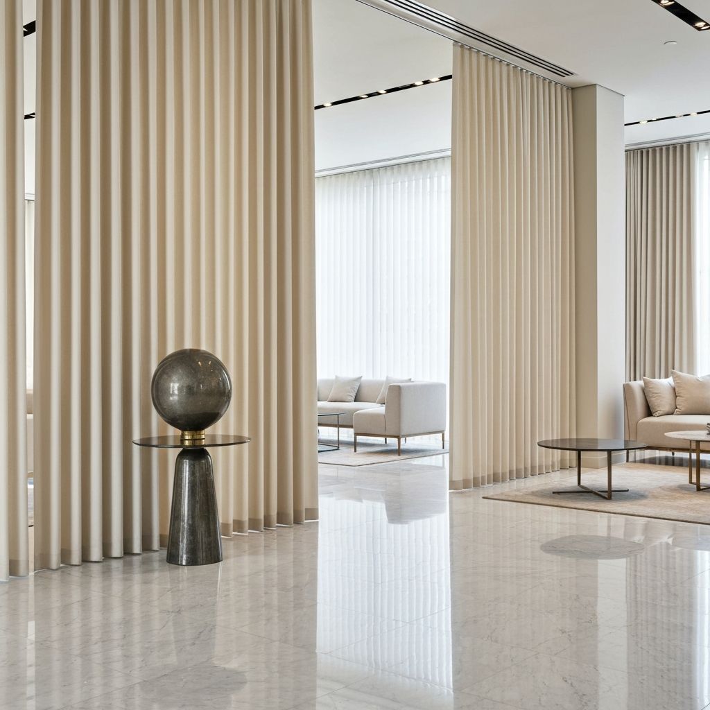 ستائر عمودية كريمي لمعرض تجاري فاخر