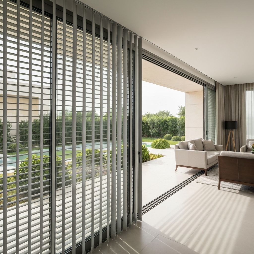 ستائر عمودية رمادية لباب زجاجي منزلق بفيلا
