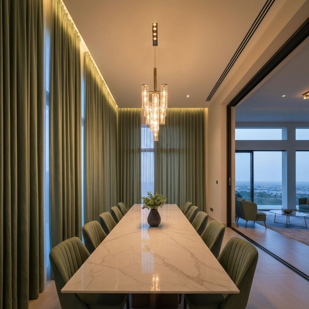 ستائر ويفي خضراء لغرفة طعام عصرية بإطلالة