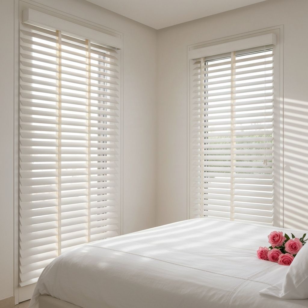 ستائر خشبية بيضاء (Plantation) لغرفة نوم مشرقة